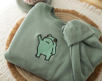 Sudadera bordada de rana enojada, sudadera bordada de besos de rana, sudadera divertida de rana, sudadera moderna de cuello redondo o con capucha.