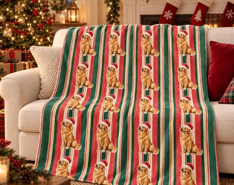 Golden Retriever Christmas Velveteen Plush Blanket, Classic Red Green Stripes, Santa Dog Throw