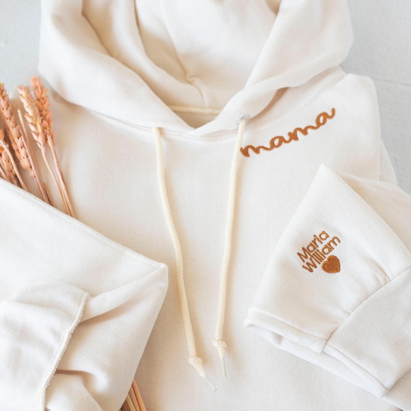 Sudadera con capucha para mamá bordada a medida: cuello y manga personalizados.