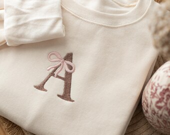 Custom Embroidered Initial Sweatshirt, Coquette Ribbon Bridesmaid Monogram Gift