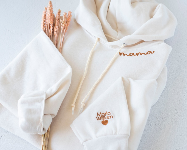 Custom Collar and Sleeve Embroidered Hoodie, Embroidered Mom mama Grandmother Hoodie with Kids Names Kids Names, Personalized Embroidered image 9