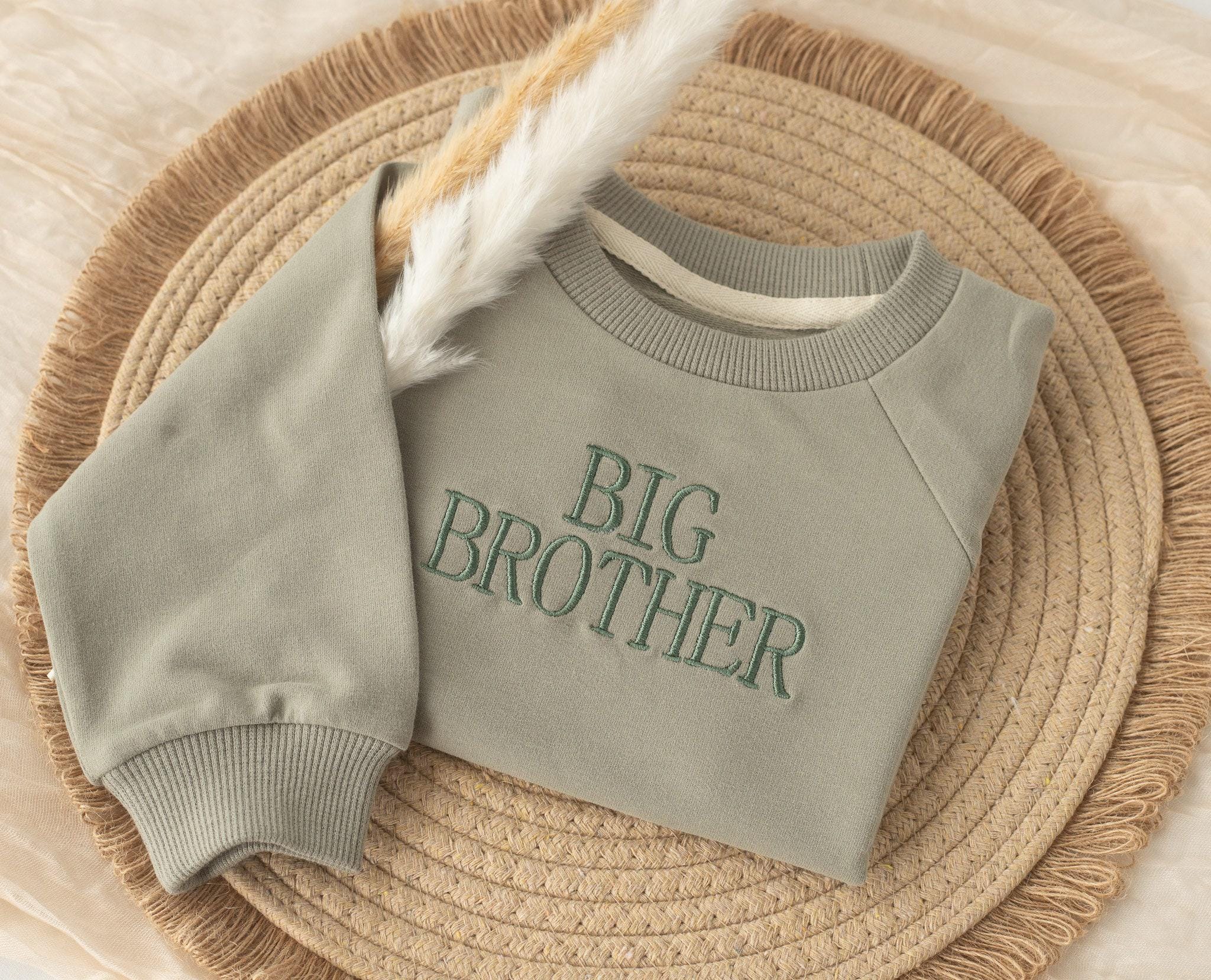 Embroidered Big Brother Sweatshirt: Custom Kids and Baby Top Sage Green Pullover, Pregnancy Announcement
