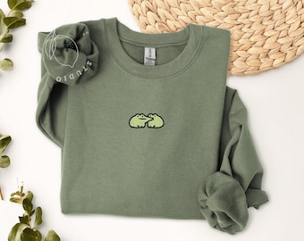 Embroidered Cute Frog Sweatshirt, Embroidered Frog Kisses Sweatshirt, Funny Frog Sweatshirt, Trendy Crewneck or Hoodie,  FRO-C-97