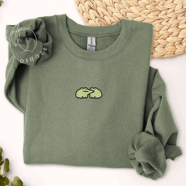 Embroidered Cute Frog Sweatshirt, Embroidered Frog Kisses Sweatshirt, Funny Frog Sweatshirt, Trendy Crewneck or Hoodie,  FRO-C-97