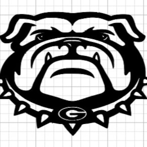May include: Black and white illustration of a bulldog's head with a spiked collar and a green "G" in the center.