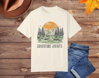 Unisex Adventure Awaits Mountains Graphic Tee, Mountain Shirt, Nature Outdoors T-Shirt, Sunset Tshirt, Retro Vintage Hiking