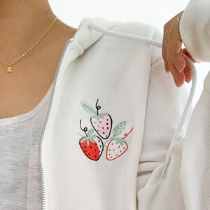 Embroidered Full Zip Strawberry Sweatshirt, Strawberry Embroidered Hoodie, Zip Up Hoodie, Strawberry Shirt, Fruit Shirt, Strawberry Print