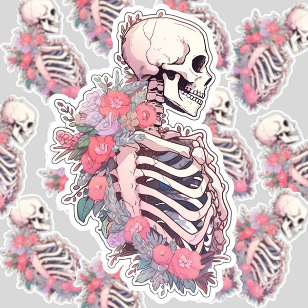 Gothic Halloween Skeleton with Flowers - Die-Cut Sticker Art - Floral Gothcore Skeleton Sticker