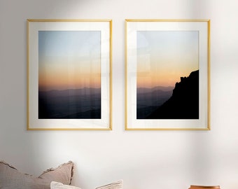 Juego de láminas fotográficas de atardeceres en la montaña, arte mural estilo boho (descarga digital)