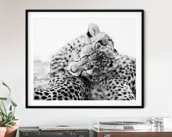 Two Cheetahs Black and White Photography, African Wildlife Art (Digital Download)