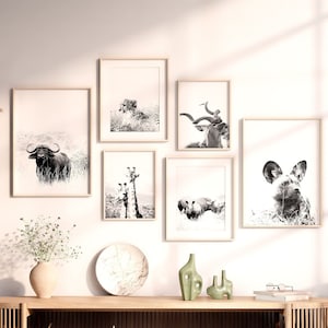 Black and White Wild Animal for Living Room Safari Wall Art Set of 6 Prints of Wild Animals Gallery Wall of Cheetah Print Rhino Photo Kudu