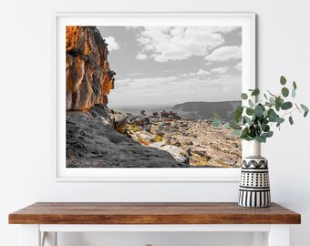 Impressão de vista panorâmica da montanha, fotografia de rocha no deserto (download digital)