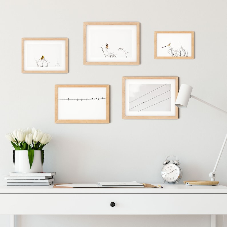 May include: A collection of five framed art prints featuring bird illustrations. The prints are in light wood frames and depict birds perched on branches and wires. The artwork is displayed on a light gray wall above a white desk with a lamp, clock, and flowers.