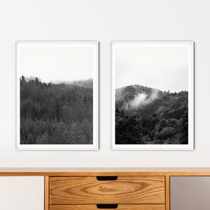 Foggy forest print wall art minimalist decor black and white, Misty forest set of 2 modern photo print, Downloadable foggy mountain fine art