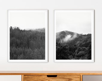 Nebliger Wald Print Set, schwarz weiss Berg Foto (Digitaler Download)