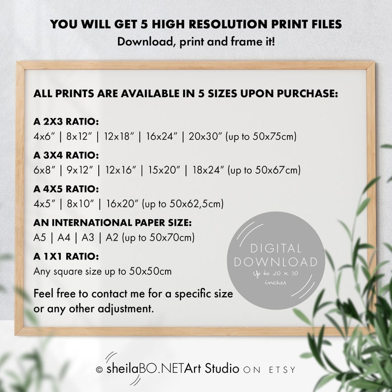 May include: A framed print with text detailing print sizes and ratios, including 4x6", 8x12", and up to 20x30" sizes. The text also mentions digital download options and the Etsy shop name.