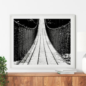Black and white bridge print, Suspension bridge photo for office, Printable footbridge photography, Black and white river landscape wall art
