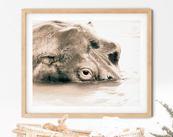 May include: Sepia-toned framed print featuring a close-up of a hippopotamus submerged in water. The hippo's eye is visible, with the rest of its head partially underwater. The artwork is displayed above a wicker basket.
