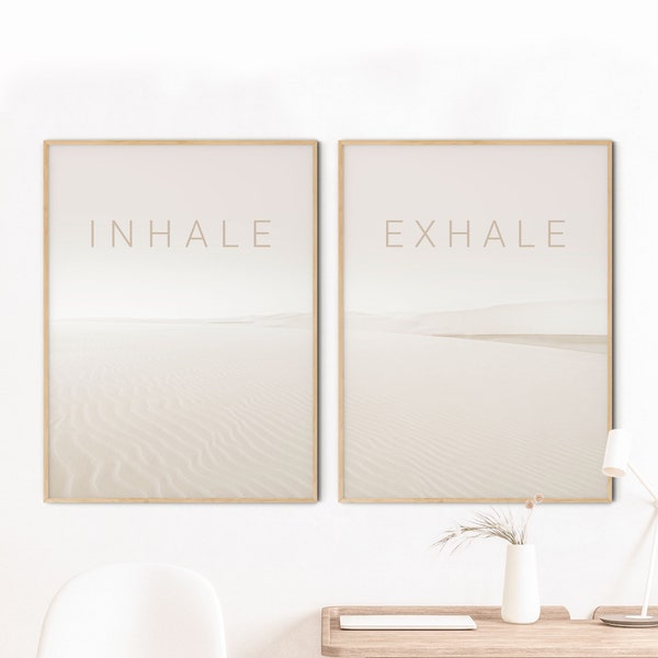 Inhale Exhale art mural pour le yoga, Inhale Exhale ensemble de 2 tirages, Photographie de dunes de sable neutres pour la méditation, Boho pilates studio imprimable