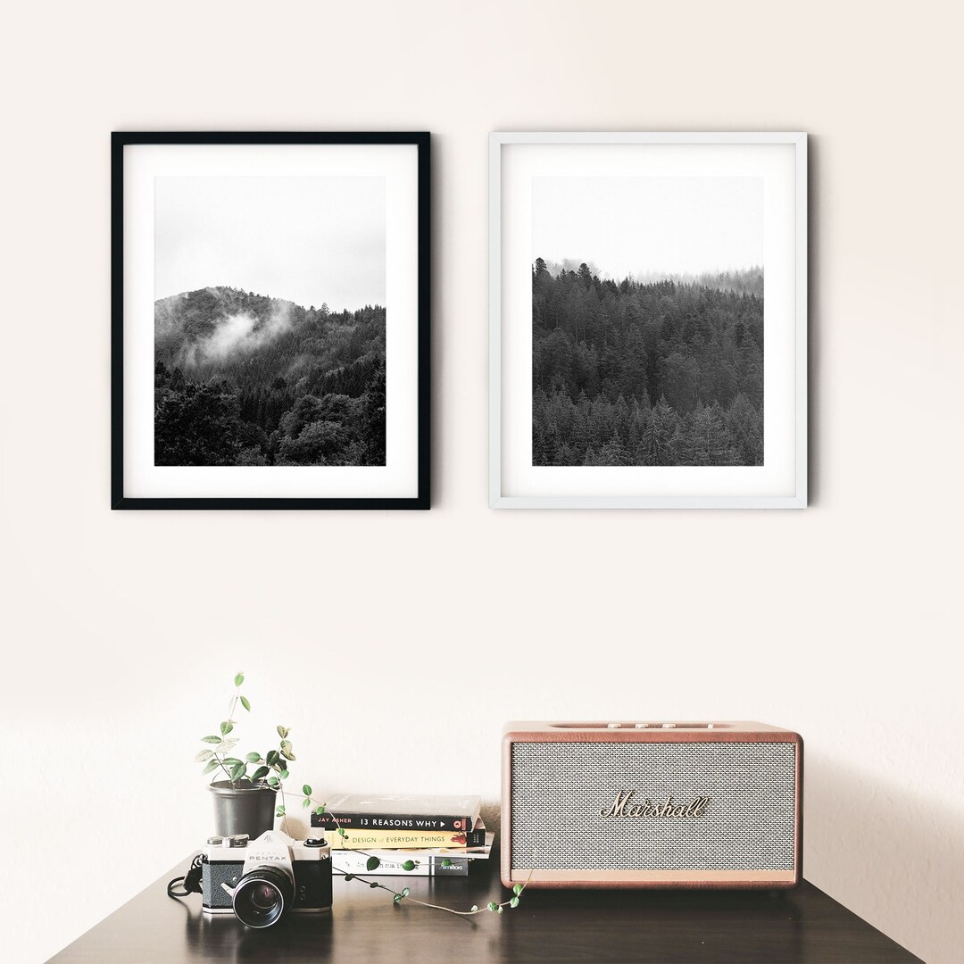2 Piece Forest, Black & White Wall Art Photo, Set of 2 Forest Landscape ...
