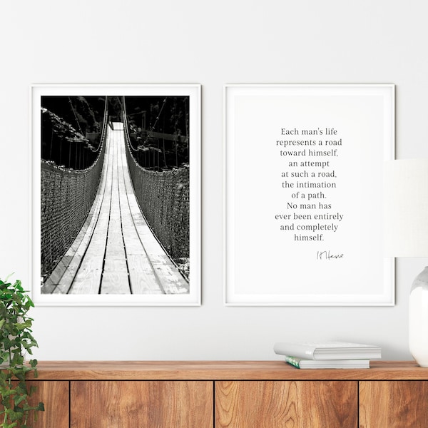 Bridge photography in black and white, Hermann Hesse set of 2, Minimalist black and white wall art for office, Motivational printable set