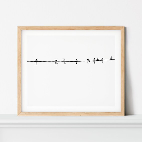 Minimalist Birds on Wire Print, Japandi Black and White Photo (Digital Download)
