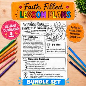 Könnte beinhalten: Ein druckbares Unterrichtsplanblatt mit dem Titel Teacher Lesson & Discussion Guide Feeding the Five Thousand John 6:1-14, das eine Strichzeichnung von Jesus und einem Jungen mit einem Korb voller Brot und Fisch sowie Diskussionsfragen und ein Gebet enthält.