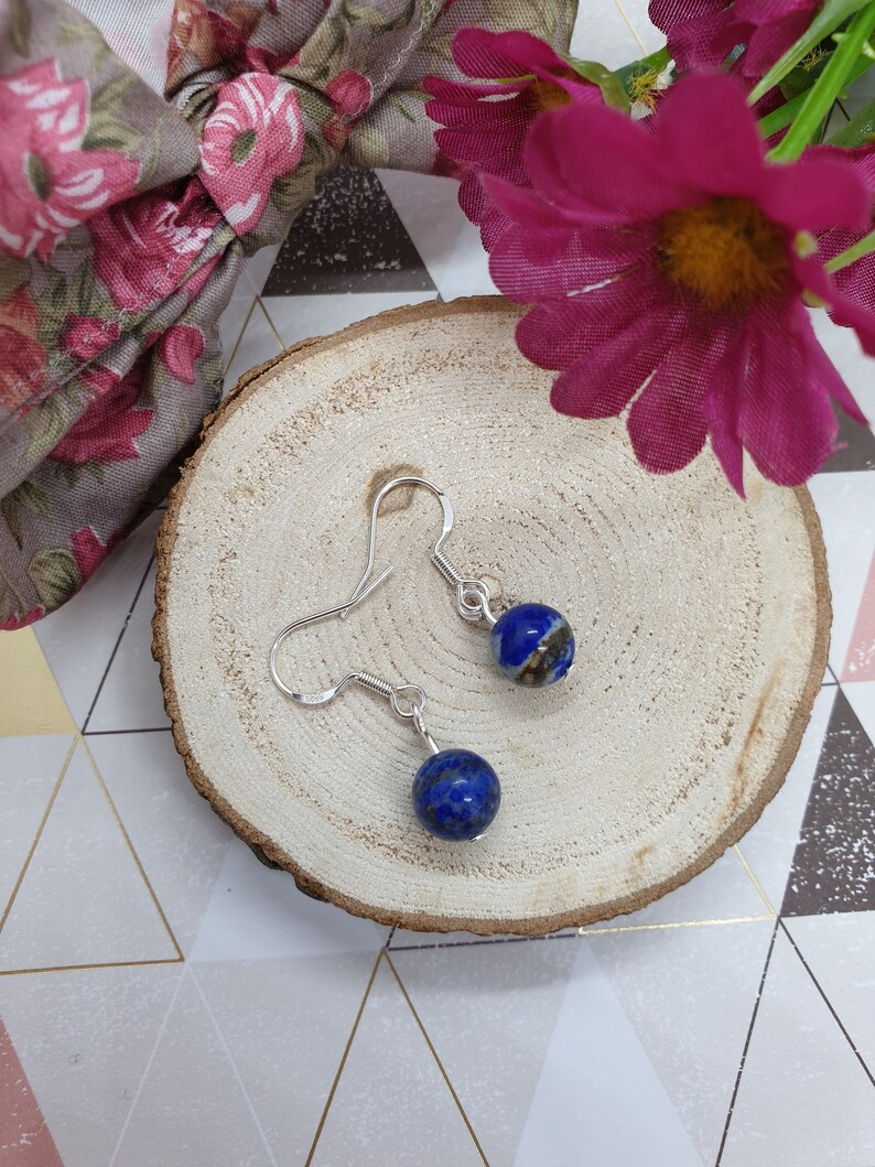 Self Care Gift Natural Gemstone Beads Self Awareness Silver Earrings Lapis Lazuli Earrings Blue Lapis Earrings Simple Dangle Earrings
