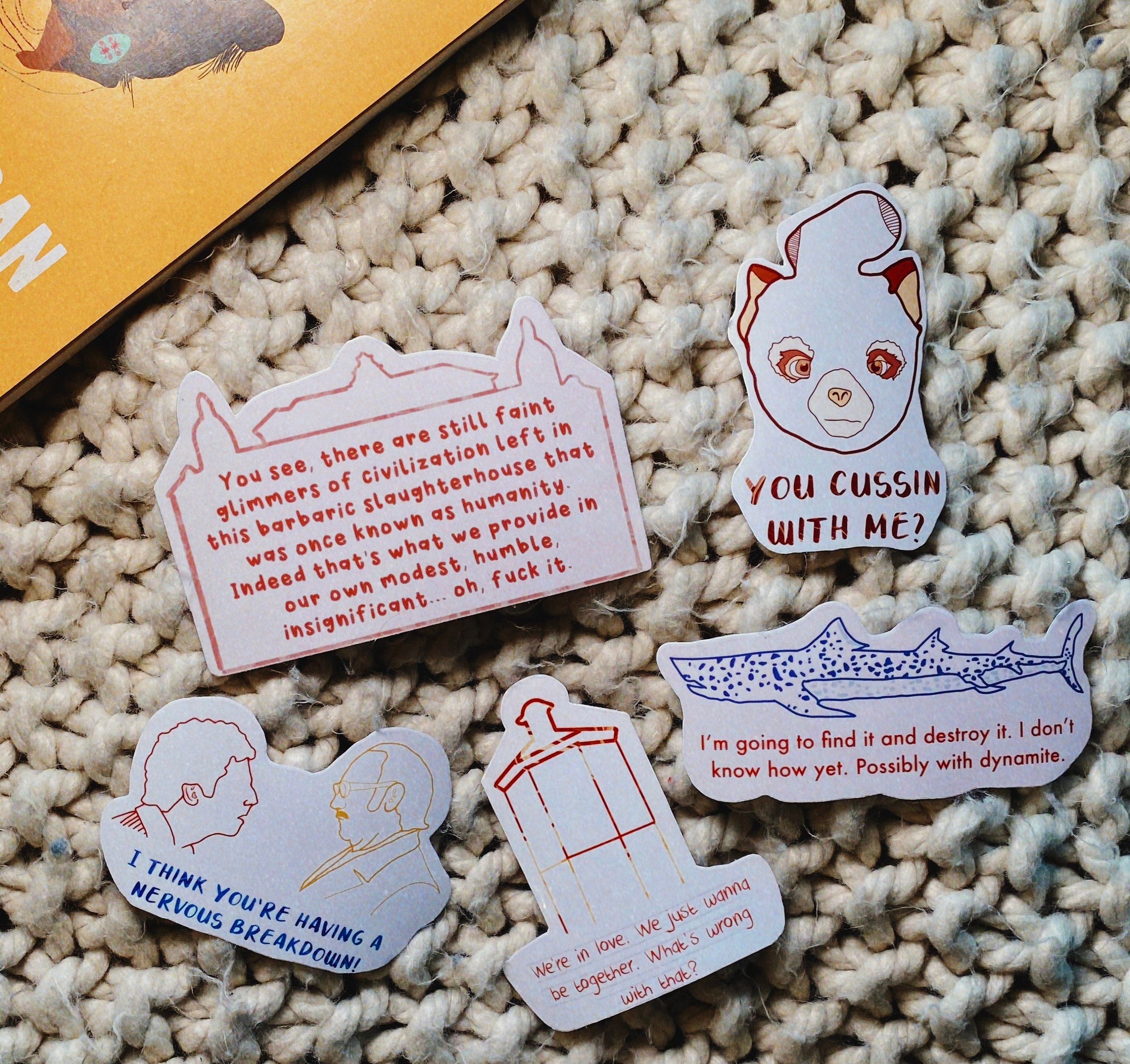 Wes Anderson Sticker Bundle | Hand Designed with Glossy Finish | Durable & Water Resistant | Stickers for Water Bottles and Laptops