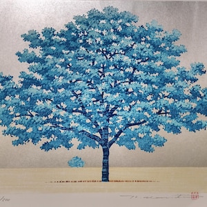 並木肇「青い木」木版画：サイン入り限定版日本美術