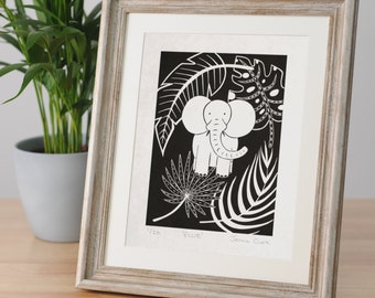 An original, limited edition, elephant, leaf, lino print, hand printed, black and white, linocut art