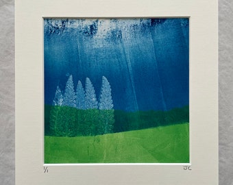 An original, hand printed monotype of an abstract landscape with trees, limited edition of 1/1