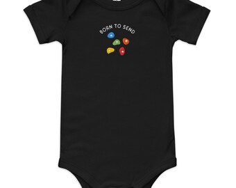 Baby bouldering embroidered onesie, 'Born To Send' climbing onesie, baby bouldering gifts