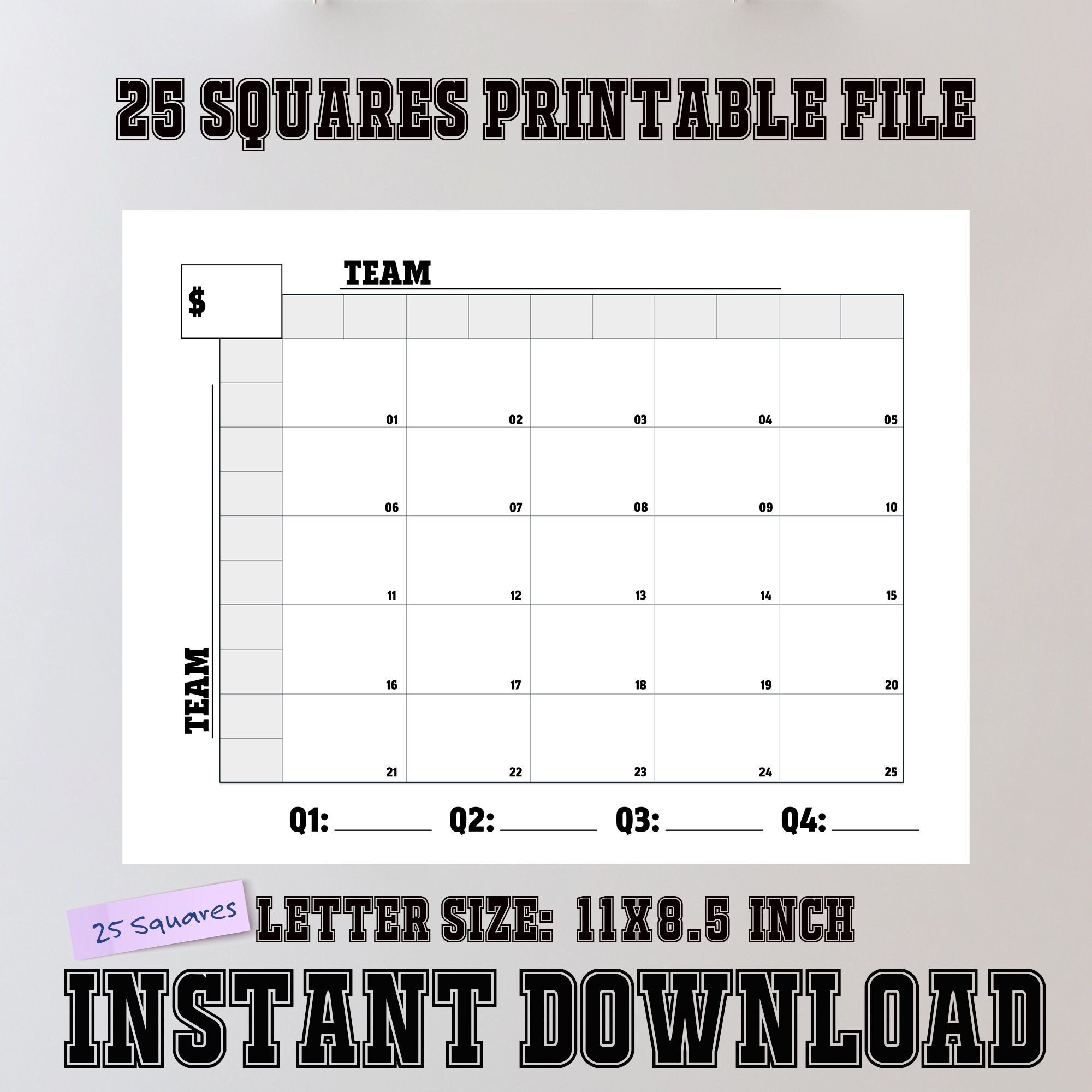 Printable 25 Squares Football Grid With Numbers Instant - Etsy