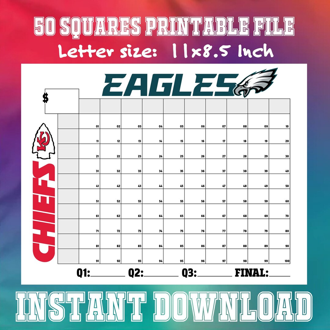 Printable Super Bowl Squares Classic 100 Q1 Q2 Q3 Final Etsy Canada