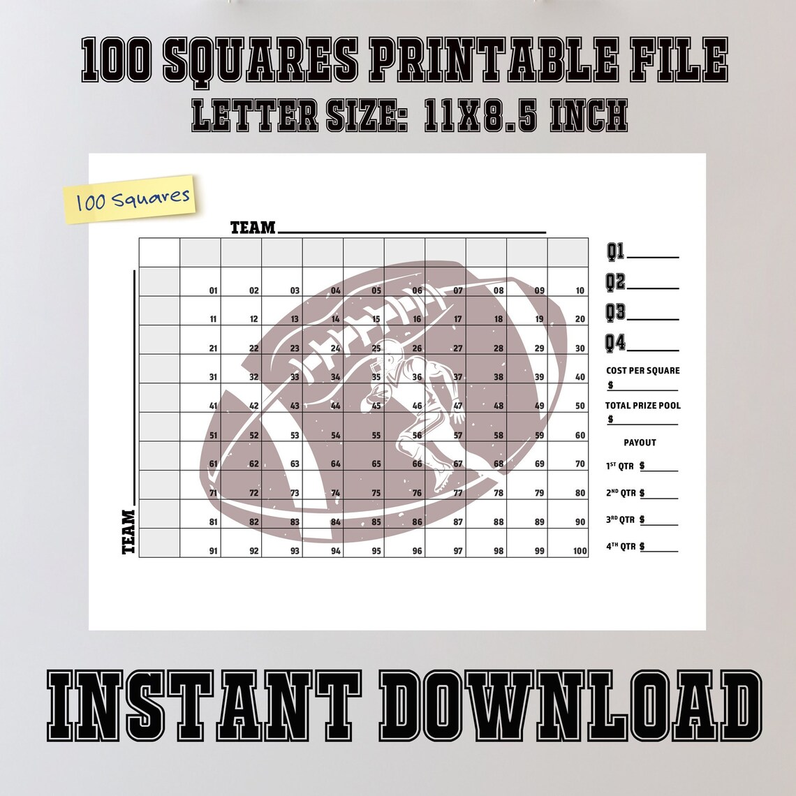 Printable 100 Squares Football Grid Numbers Instant Download Etsy