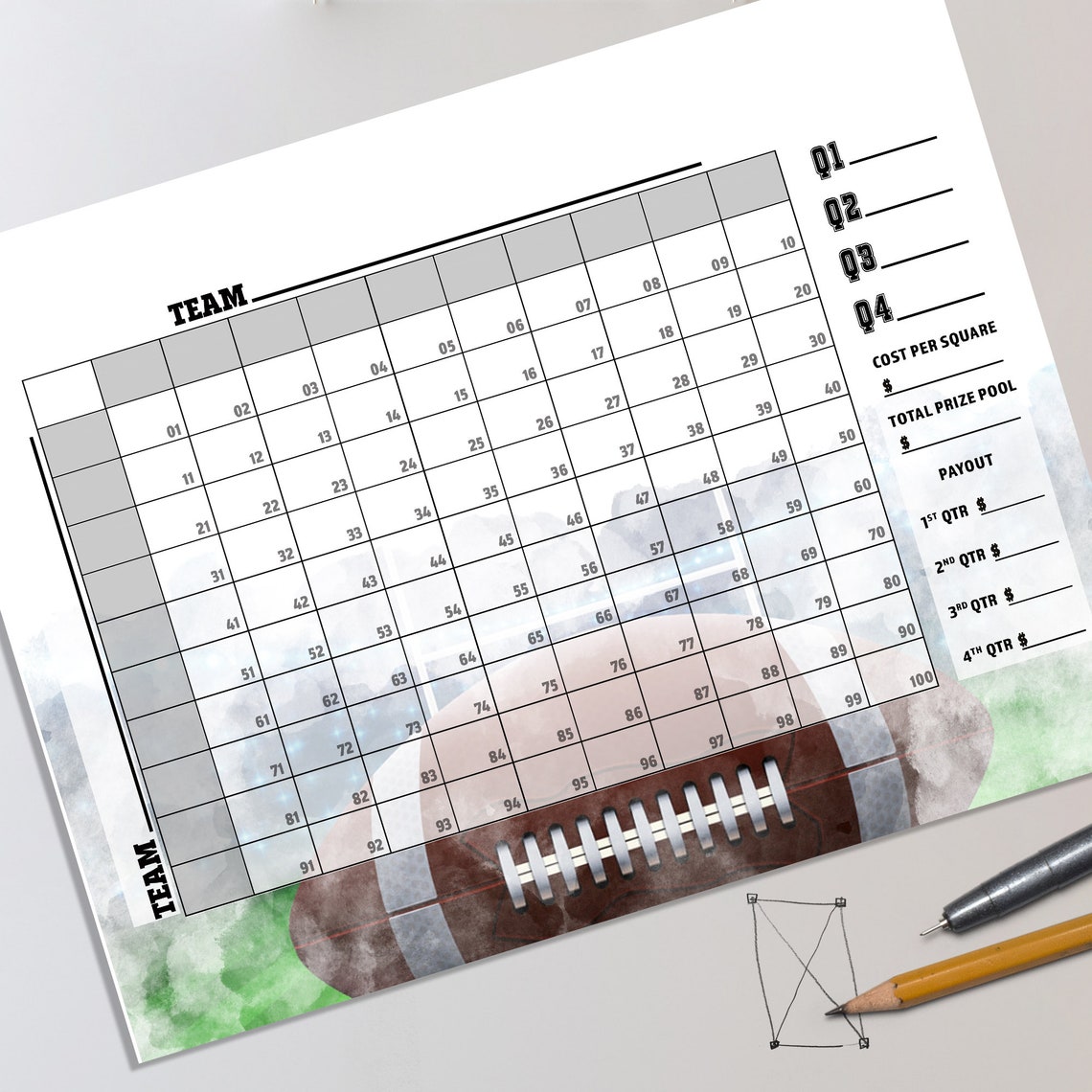Printable 100 Squares Football Grid Numbers Instant Download Etsy