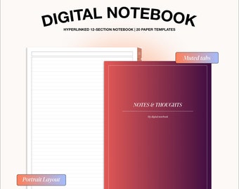 12 Section Digital Notebook | Muted Tabs | Line, Grid, Dotted, and Blank Digital Paper, Student Notebook, Digital Notetaking