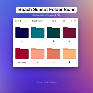 May include: A set of eight folder icons with a beach sunset theme. The icons are in a grid layout with a dark blue, teal, dark green, burgundy, red, peach, orange, and light peach color scheme. The icons are compatible with Mac and PC.