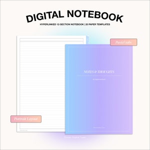Puede incluir: Un cuaderno digital con una portada de degradado pastel y el texto "NOTES & THOUGHTS" en blanco. El cuaderno tiene 12 secciones y 20 plantillas de papel. La portada tiene pestañas pastel.