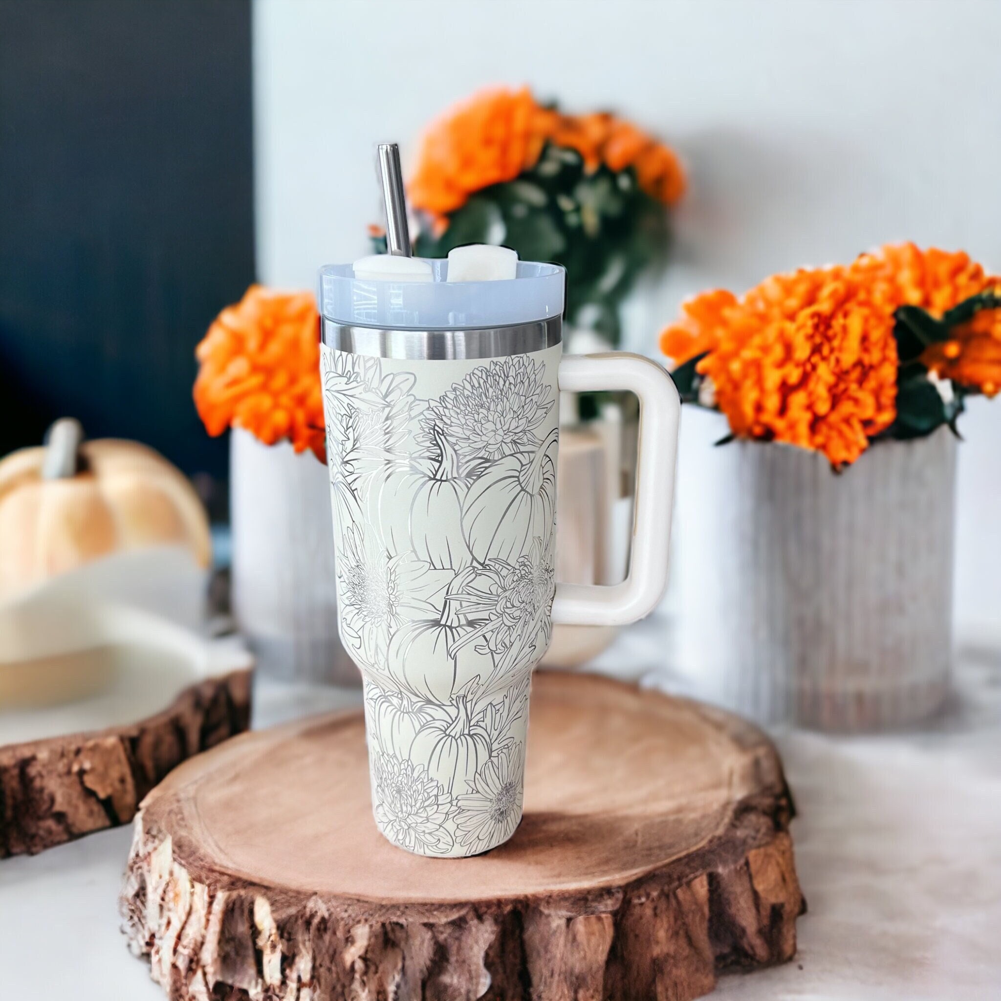 Rustic Sage Green & Pink Floral Wood Personalized Thermal Tumbler