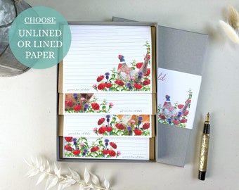 Luxury Letter Writing Set With Envelopes | 32 A5 Letter Writing Sheets With 12 Notecards & 28 Envelopes in a Lovely Countryside Poppy Design