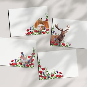 Lot de 8, 20, 40 cartes de correspondance, coquelicots, faisan, renard, cerf, coquelicots, campagne, merci, je pense à vous, correspondance