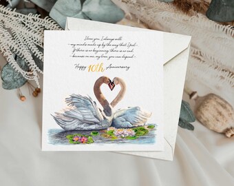 Swans in Love Anniversary Card: Watercolour Art, Recycled Silk, Personalised