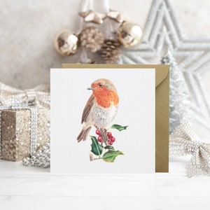 Carte de voeux de Noël de Robin et Holly | Carte Robin | Carte de Noël de luxe | Je pense à vous à Noël | de faune sauvage | Blanc à l'intérieur
