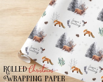 Gerolltes Weihnachtsgeschenkpapier: Aquarell Fuchs & Hirsch, recycelbar, umweltfreundlich