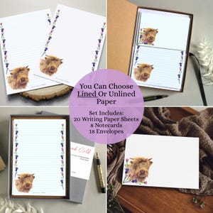 May include: A stationery set with Highland cow illustrations. The set includes lined and unlined writing paper, notecards, and envelopes. The writing paper and notecards have a floral border. The text on the image reads: "You Can Choose Lined Or Unlined Paper. Set Includes: 20 Writing Paper Sheets, 8 Notecards, 18 Envelopes."