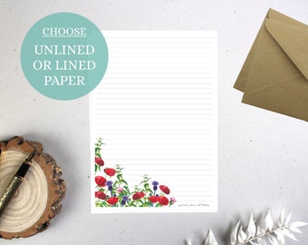 A5 Luxury Letter Writing Paper Sheets | Poppy Field Collection | Wildflower | Poppies | Lined or Unlined | Stationary Gift