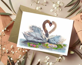 Swans in Love A6 Greetings Card: Watercolour Anniversary Card, Sympathy