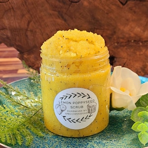 Lemon Poppyseed 8oz Exfoliating Sugar Scrub with Shea, Aloe, Turmeric, Orange Essential Oil